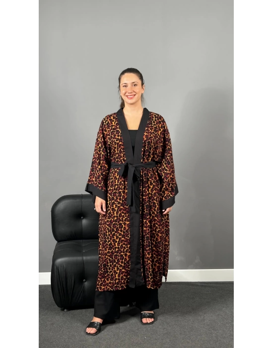 Bordo Leopar Dokuma Viskon Pamuklu Kimono