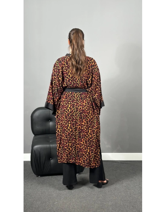 Bordo Leopar Dokuma Viskon Pamuklu Kimono