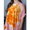 Turuncu Pembe Batik Cepli Viskon Elbise