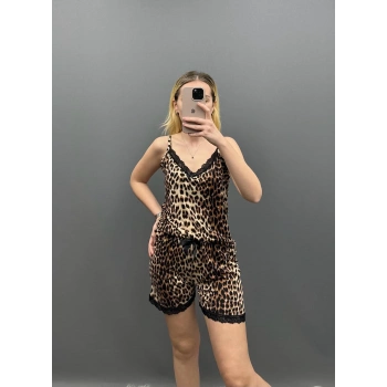 Kahverengi Leopar Bambu Kumaş Şortlu Takım BÜYÜK BEDEN