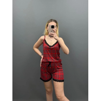 Kırmızı Ekose Bambu Kumaş Şortlu Takım BÜYÜK BEDEN