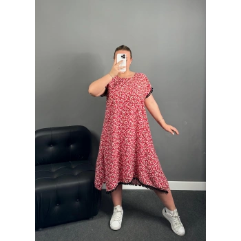 Ponponlu Viskon Kırmızı Çıtır Çiçek Elbise