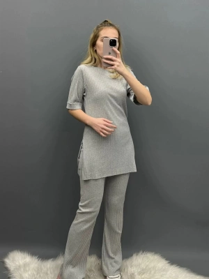 Fitilli Kısa Kollu Takım Gri