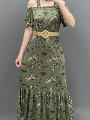 Askılı Yeşil Desen Madonna Elbise