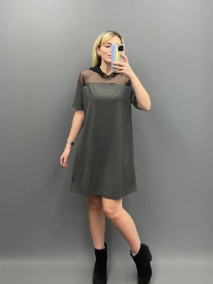 Gri File Detay Elbise Tunik