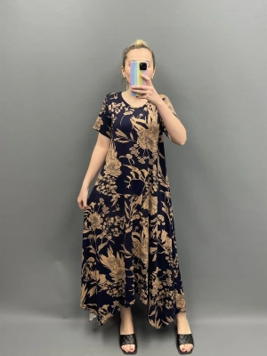 Kahve Desen Penye Asimetrik Elbise