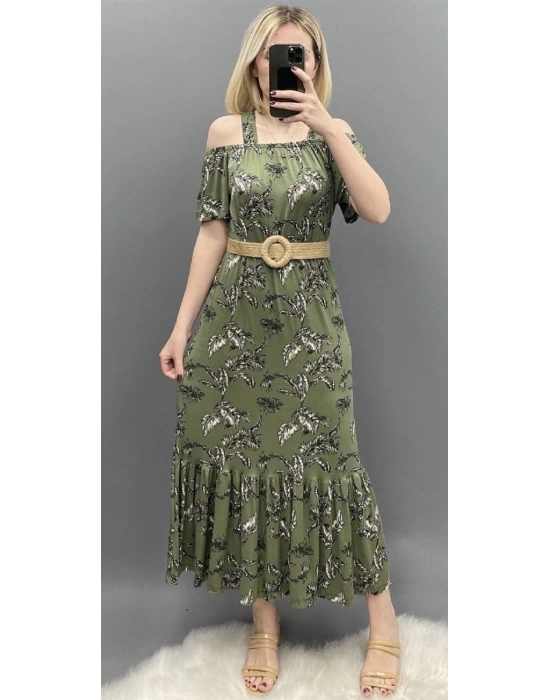 Askılı Yeşil Desen Madonna Elbise