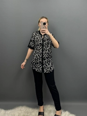 Kısa kol çizgi desen penye gömlek