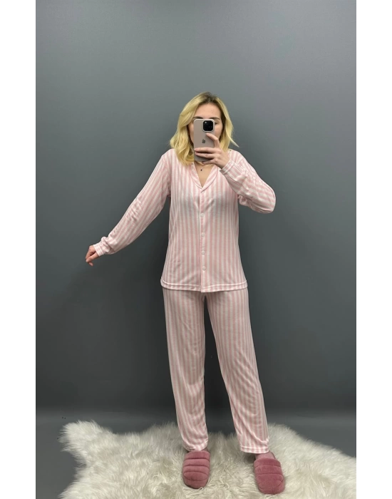 Gömlek Model Pembe Çizgili Pijama Takım