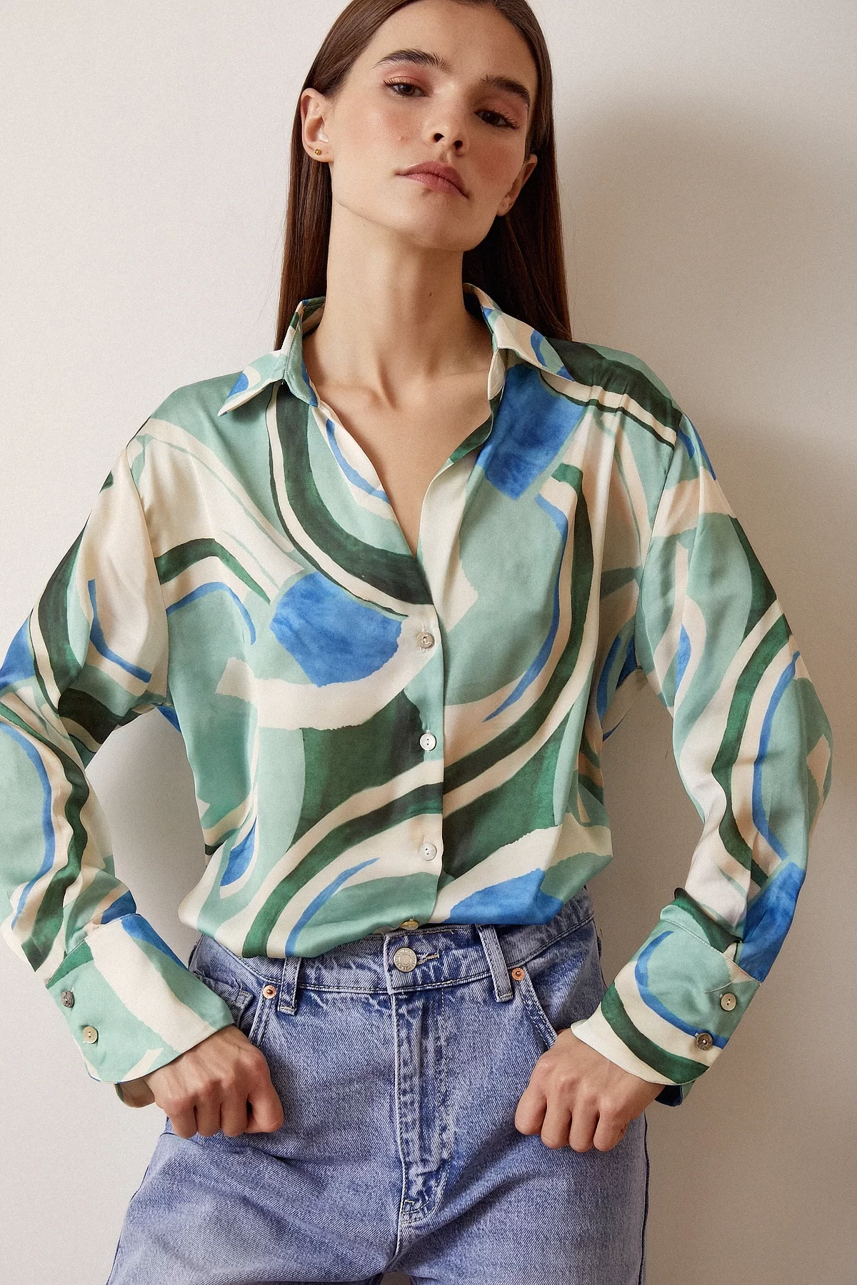 V-Neck Patterned Satin Blouse - Blue