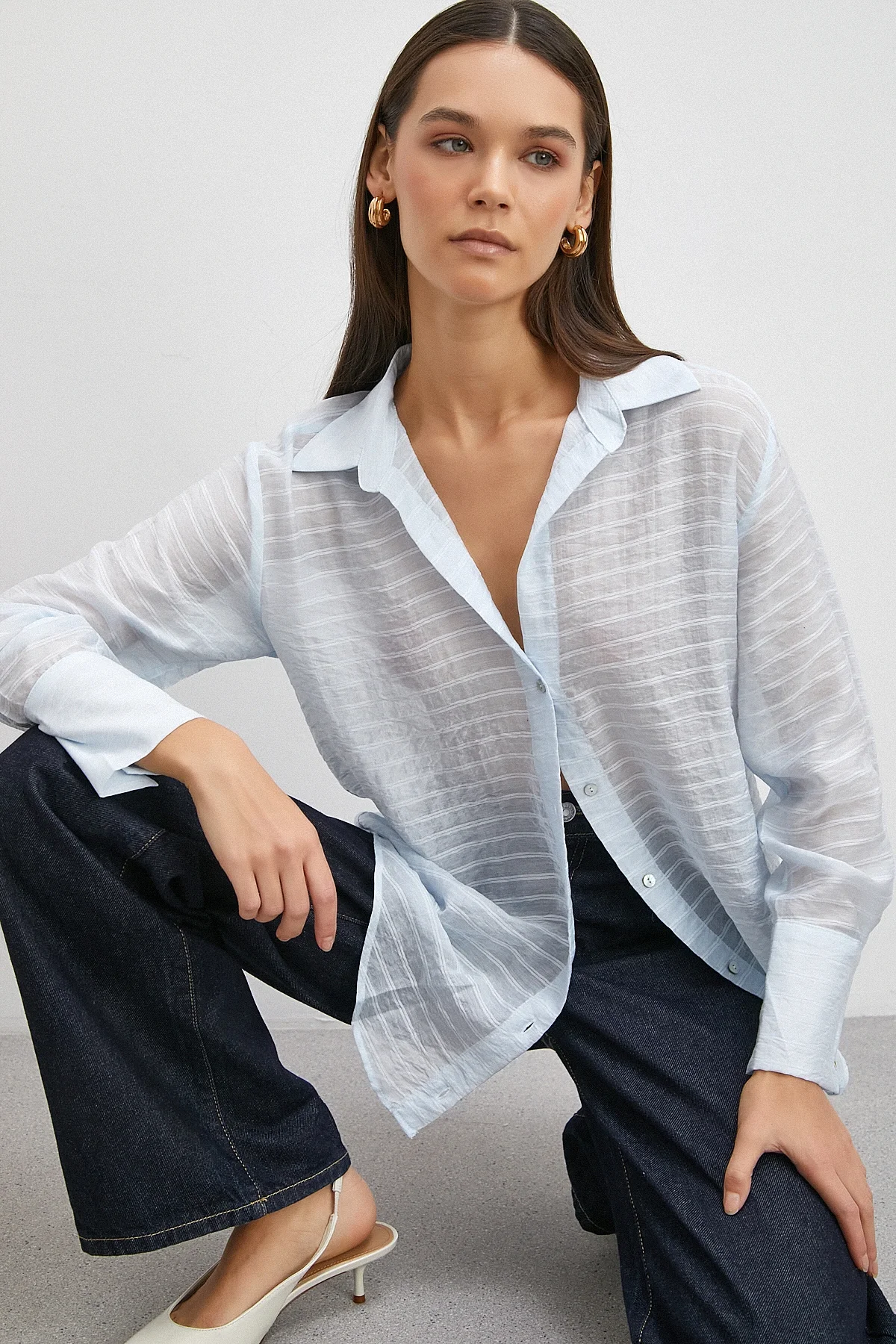 Kabartma Çizgili Gömlek - Mavi