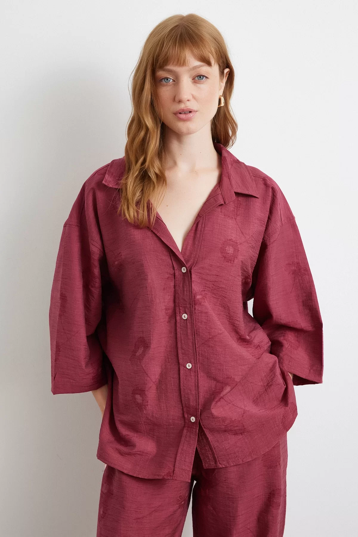 Fakir Kol Oversize Gömlek - Bordo