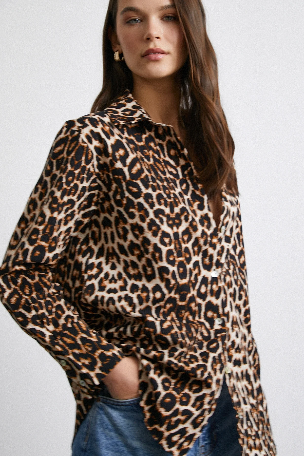 Leopar Desenli Poplin Gömlek - Bej