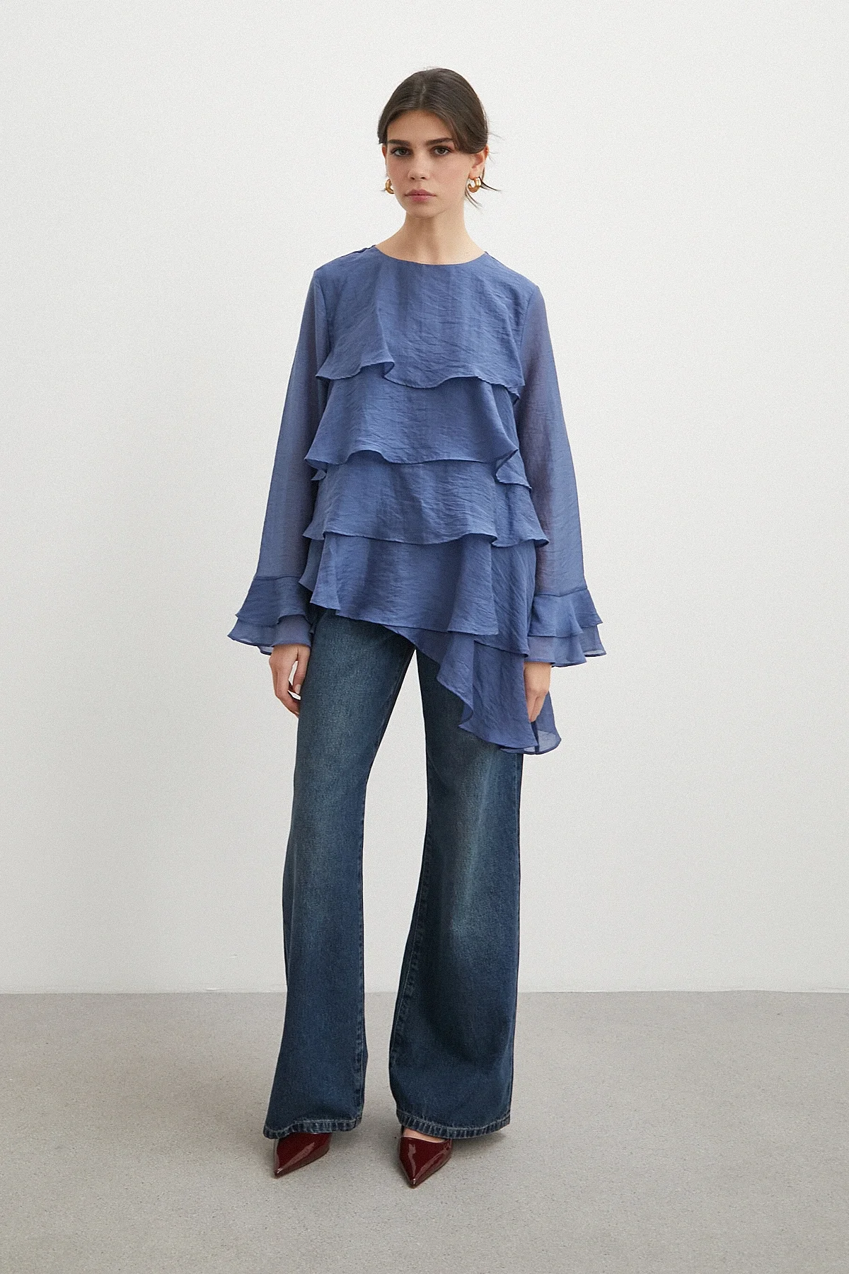 Kol Detaylı Katlı Uzun Kol Bluz - Lacivert