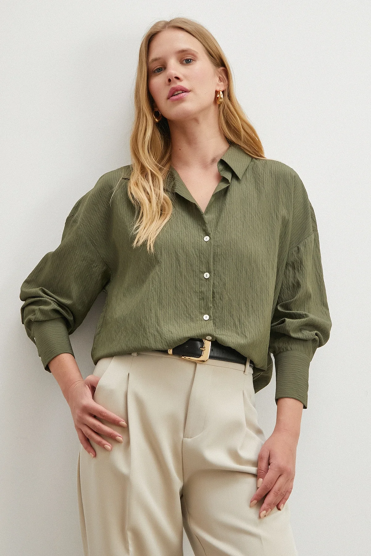 Çizgili Viskon Gömlek - Haki