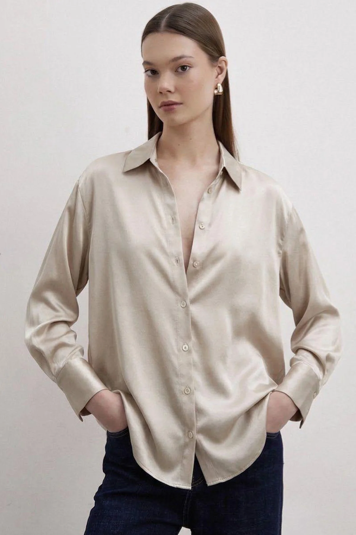 Flash Basic Satin Shirt - Beige