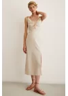 Boncuk Detaylı Askılı Elbise - Krem