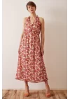 Floral Patterned Spaghetti Strap Dress - Cream