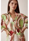 V-Neck Patterned Satin Blouse - Mint