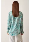 V-Neck Patterned Satin Blouse - Green