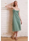 Bağcık Askılı Yırtmaçlı Elbise - Yeşil