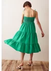 Sırtı Büzgülü Askılı Elbise - Yeşil