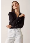 V-Neck Satin Blouse - Black