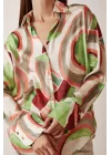 V-Neck Patterned Satin Blouse - Mint