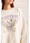 Bisiklet Yaka Baskılı Sweatshirt - Krem