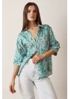 V-Neck Patterned Satin Blouse - Green