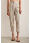 Button-Front Striped Pants - Striped Ecru