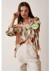 V-Neck Patterned Satin Blouse - Mint