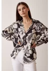 V-Neck Patterned Satin Blouse - Floral Pattern Black