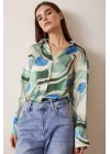 V-Neck Patterned Satin Blouse - Blue