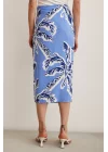 Slit Zebra Print Skirt - Blue Palm Leaf Print