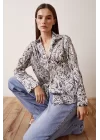 V-Neck Patterned Satin Blouse - Black