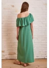Açık Yaka Maxi Elbise - Yeşil