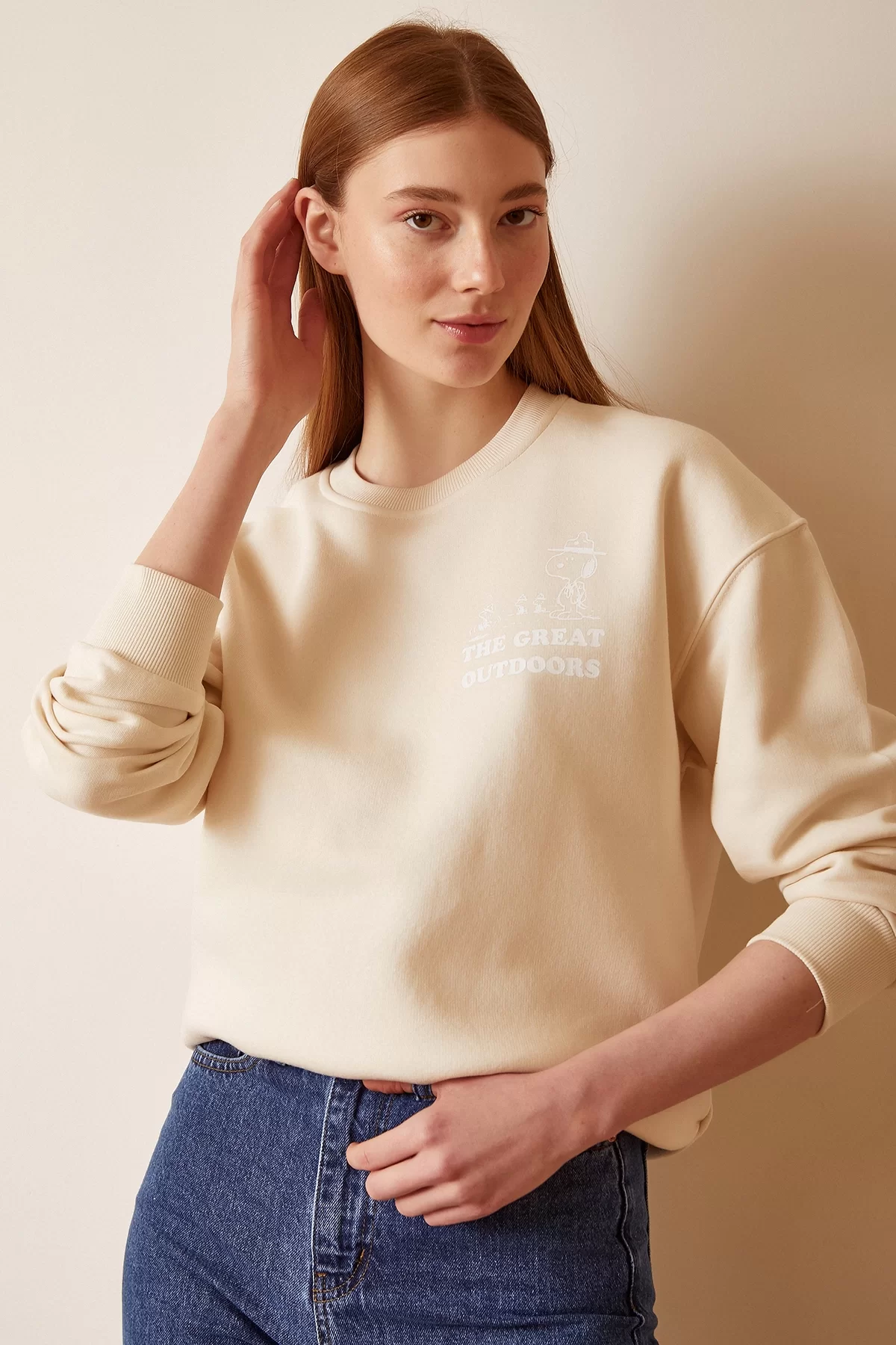 Snoopy Baskılı Sweatshirt - Krem