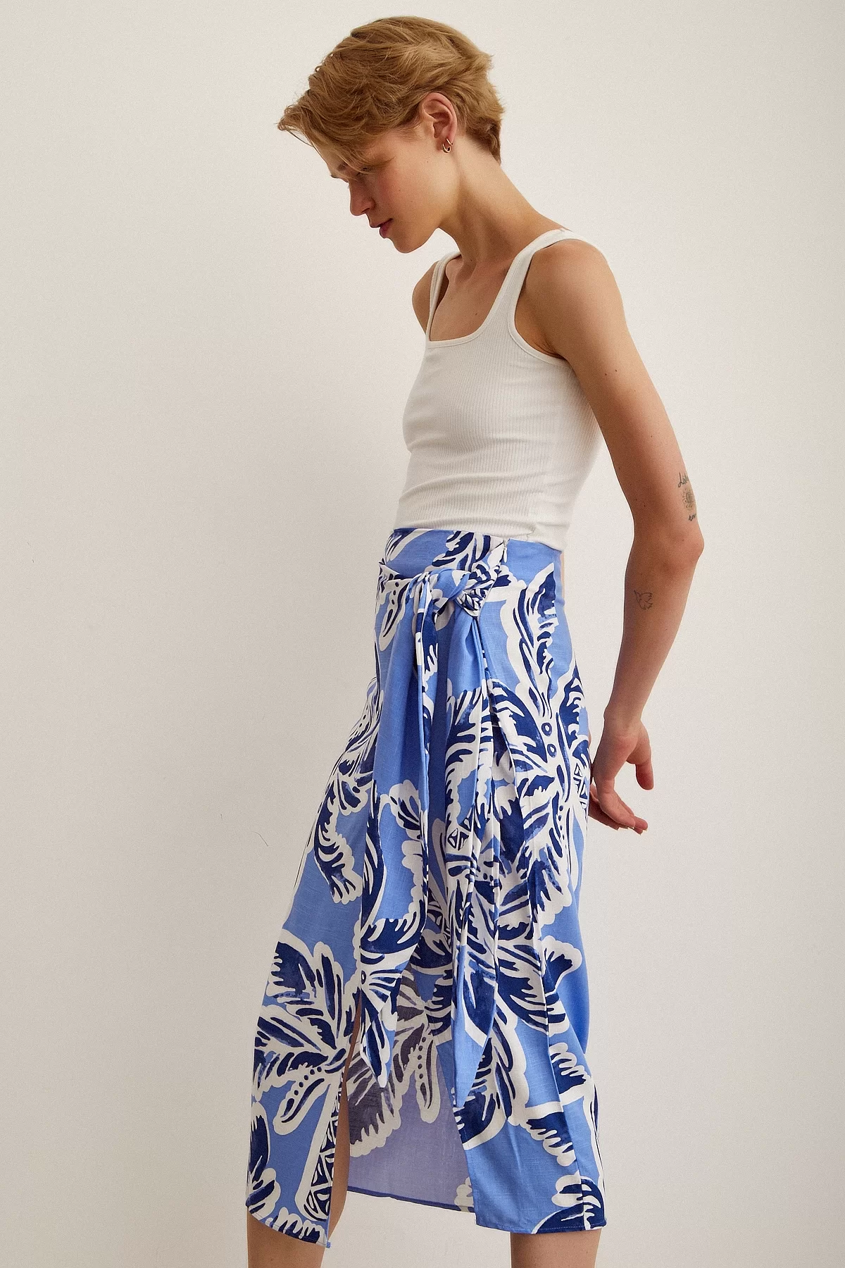 Slit Zebra Print Skirt - Blue Palm Leaf Print