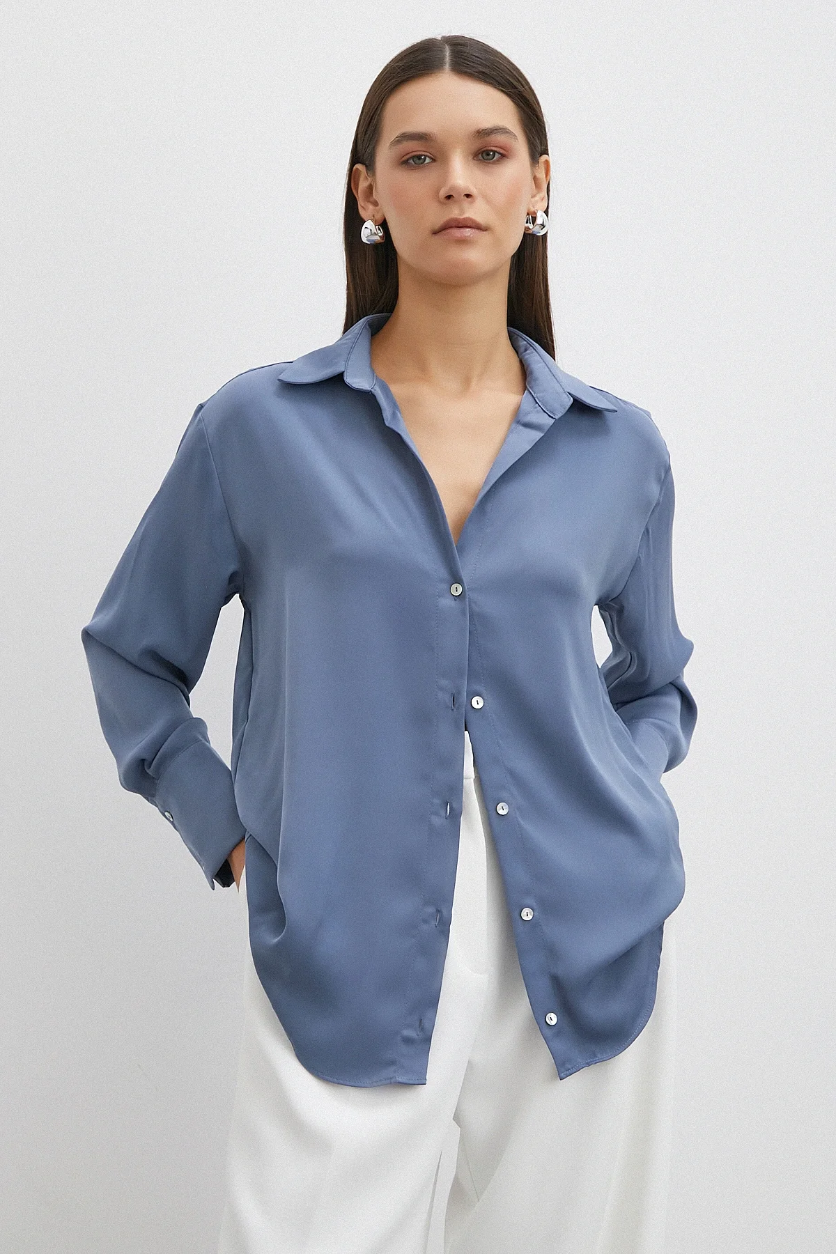 Basic Saten Gömlek - İndigo