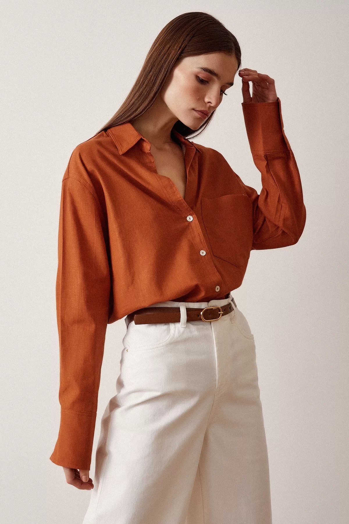 Блуза из льна с одним карманом - Оранжевая