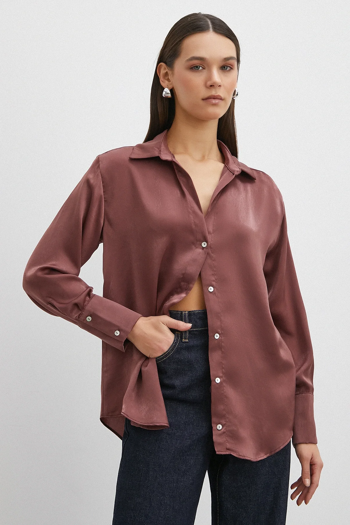 Chanel Saten Gömlek - Mürdüm