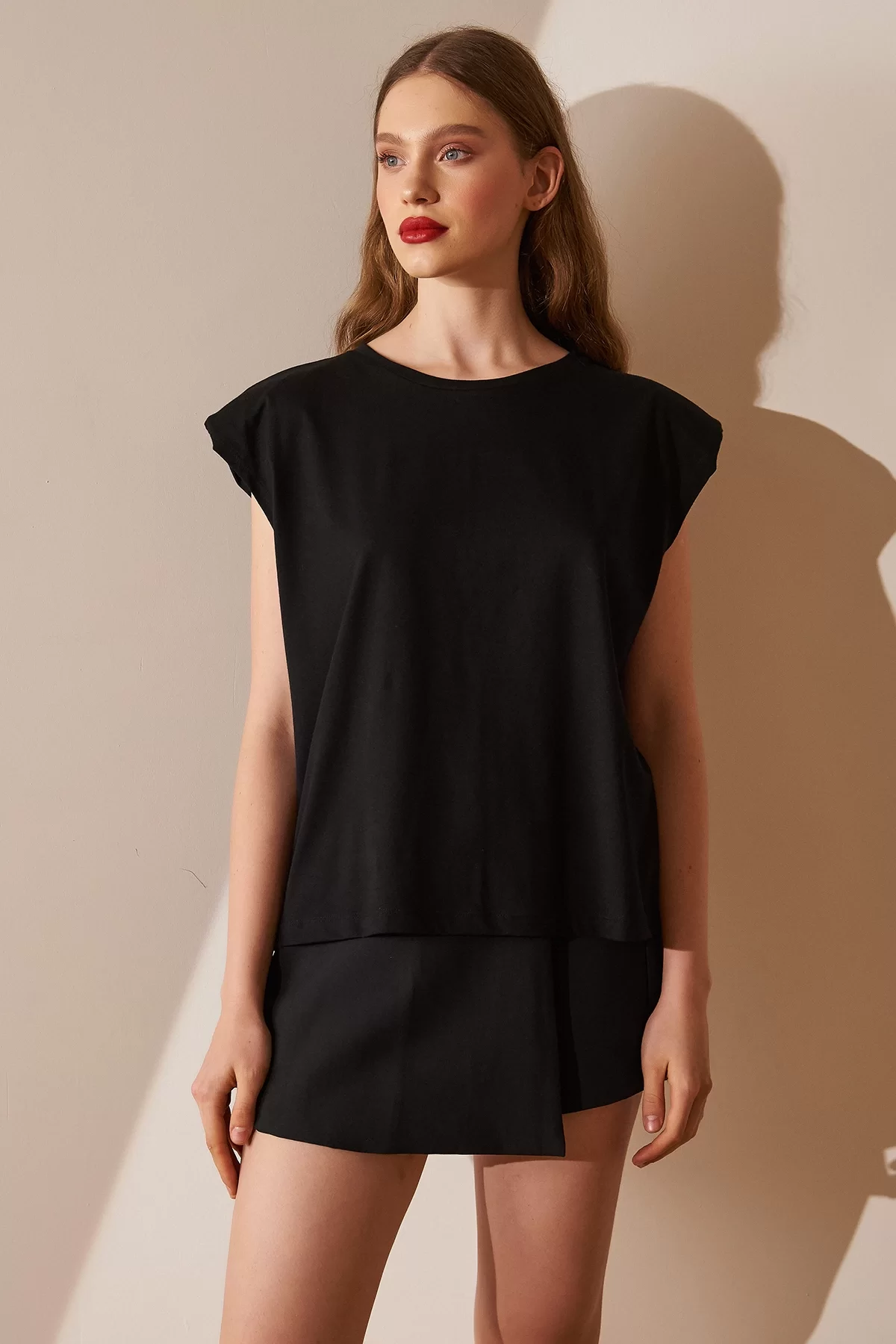 Biker Collar Padded Sleeveless Top - Black