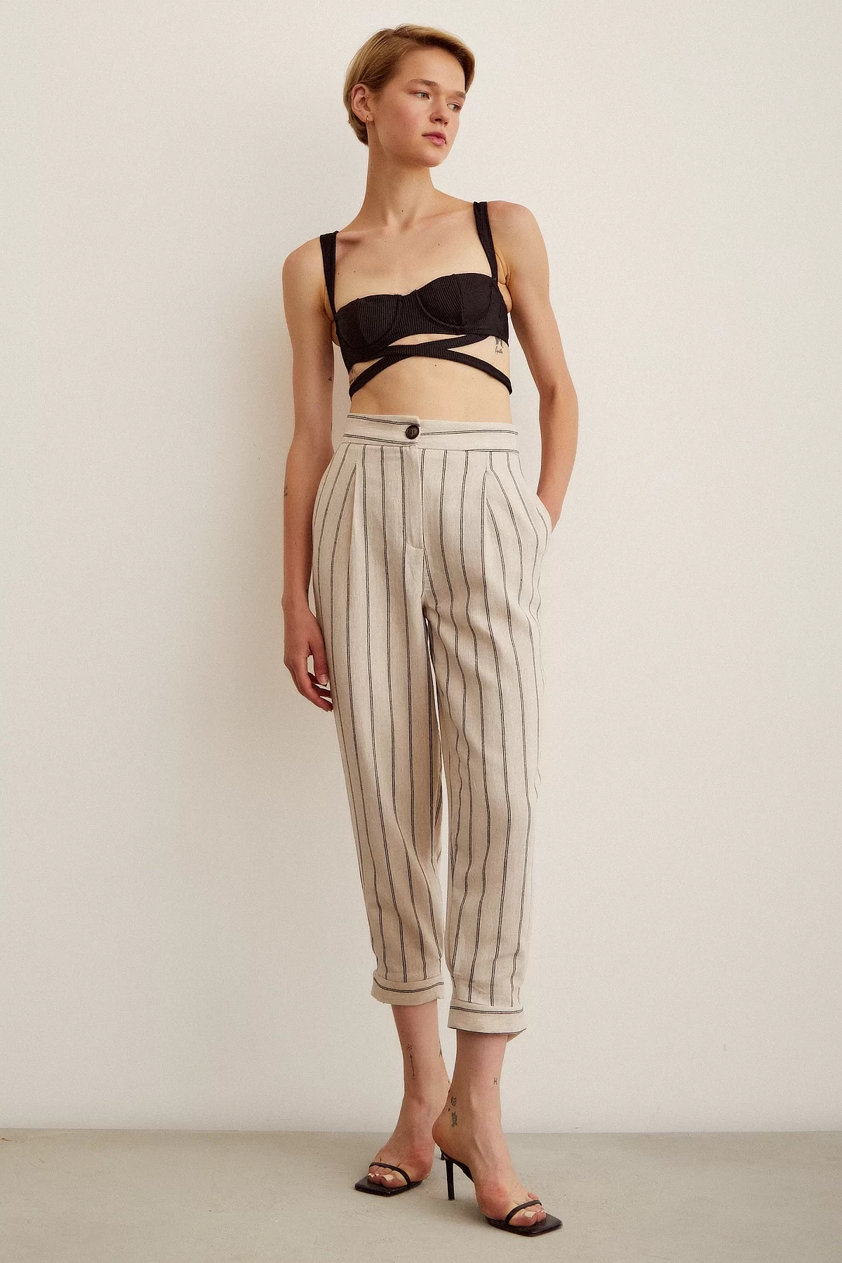 Button-Front Striped Pants - Striped Ecru