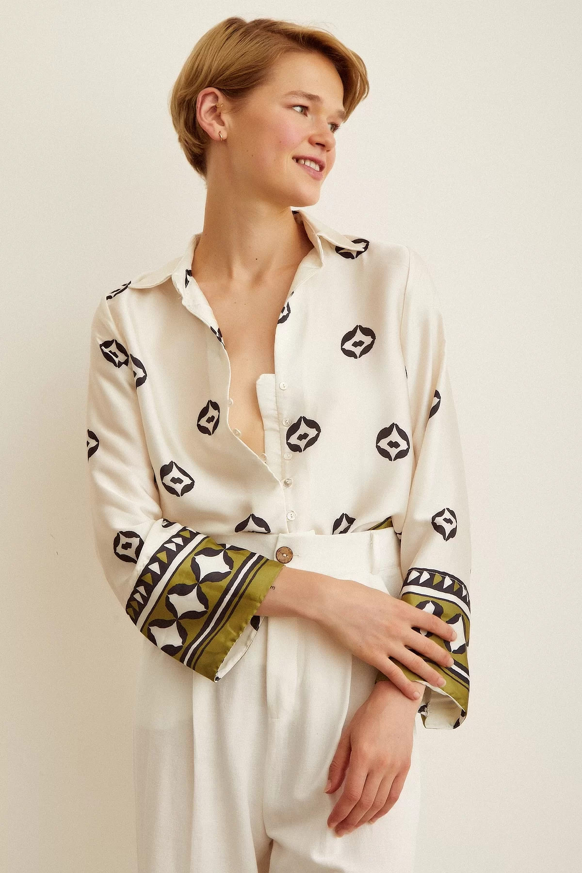 Patterned Satin Shirt - Ecru