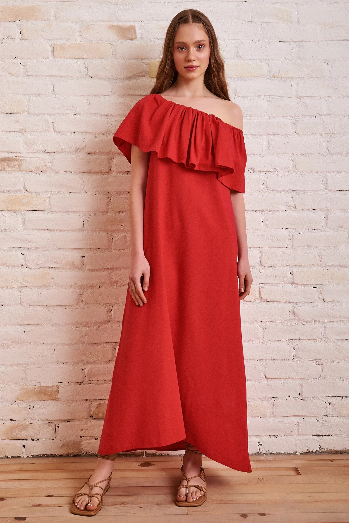 Açık Yaka Maxi Elbise - Kırmızı