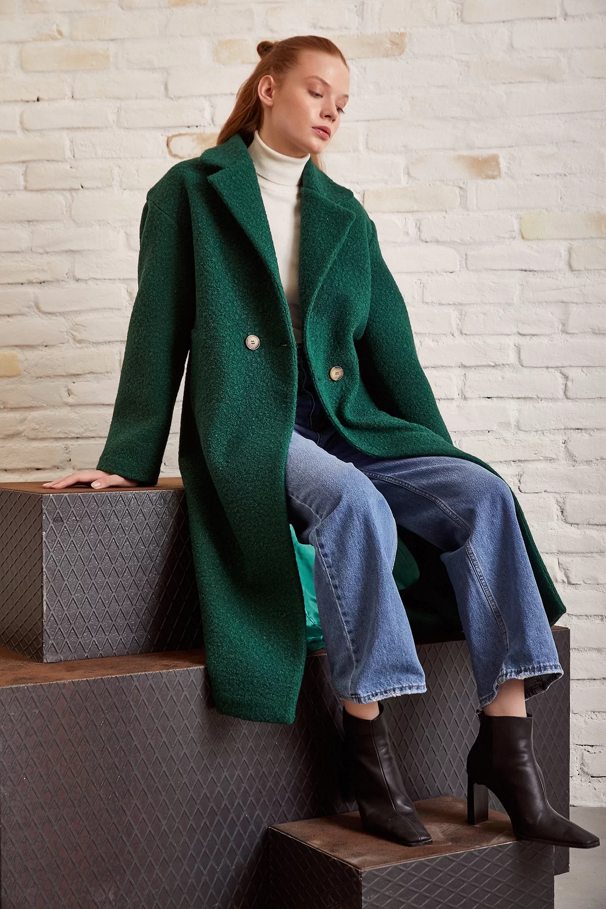 Pocket Bouclé Coat - Green