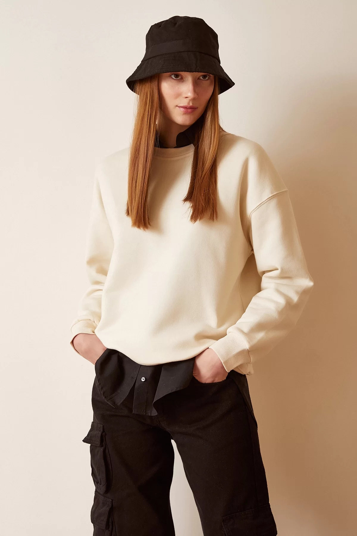 Bisiklet Yaka Sweatshirt - Krem