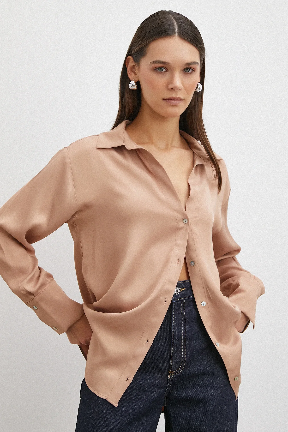 Viskon Saten Gömlek - Somon