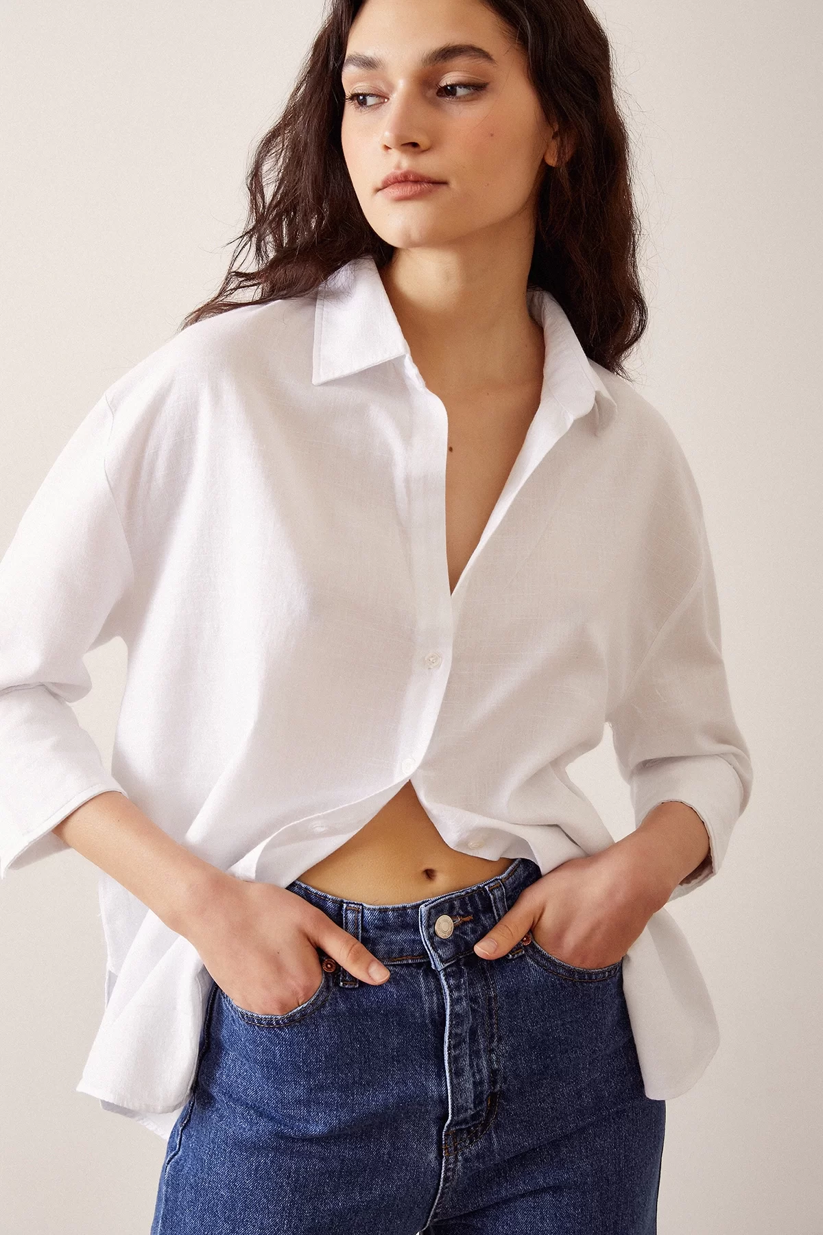 Puffed Sleeve Linen Shirt - White